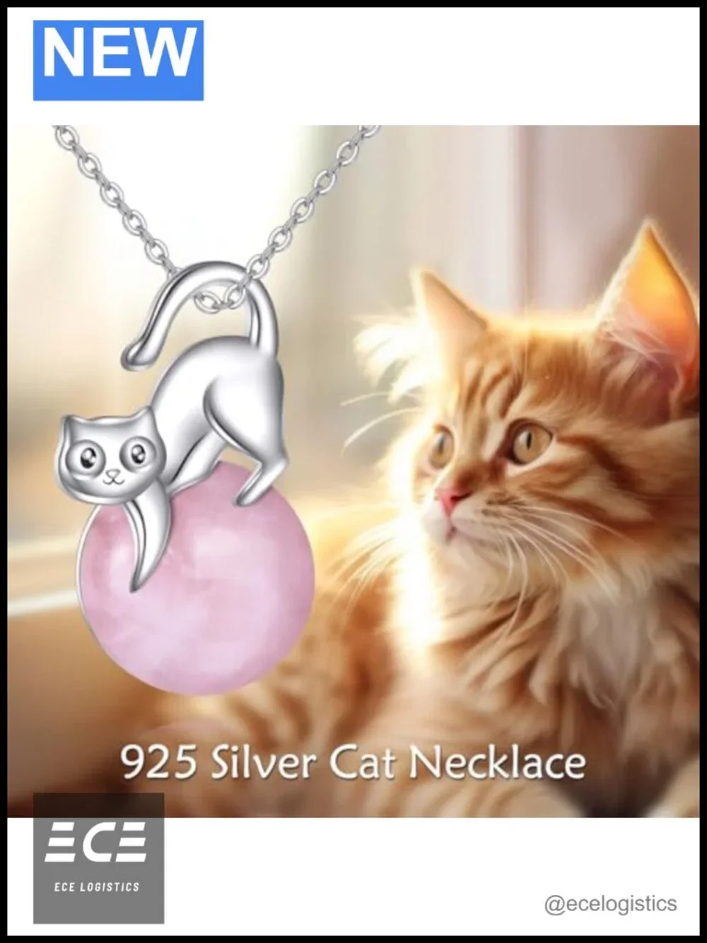 Sterling Silver Cat Necklace Rose Quartz Pendant 18+2 in Box Chain